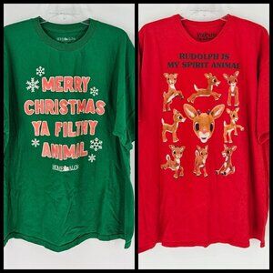 Home Alone/Rudolph Set of 2 Graphic Christmas T-Shirts Red/Green Sz 2X